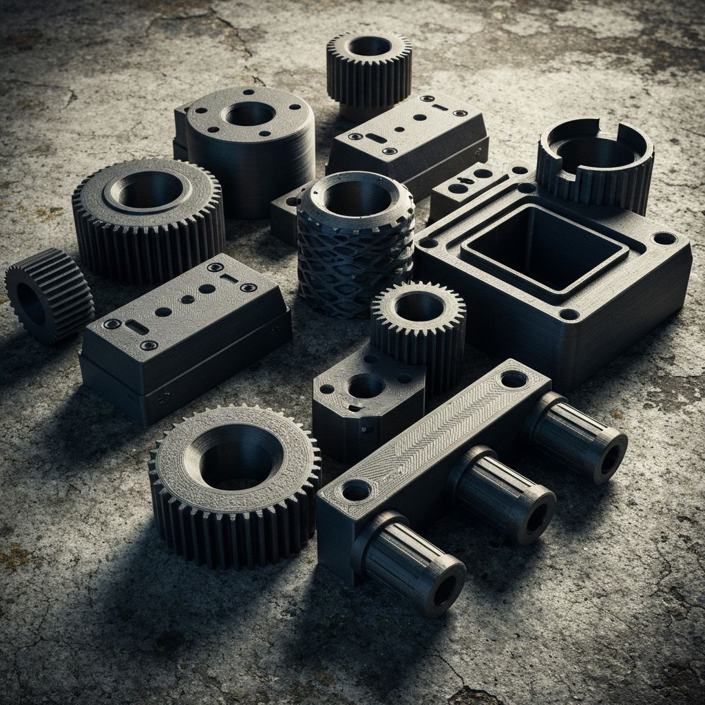 Piezas funcionales fabricadas con impresión 3D industrial: engranes, soportes, adaptadores y componentes mecánicos sobre superficie oscura